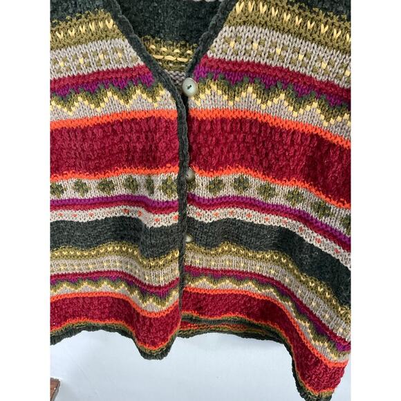 VTG Lizsport Chenille Knit Sweater Vest Stripes 3D Earthy V Neck Buttons Medium - Picture 4 of 7